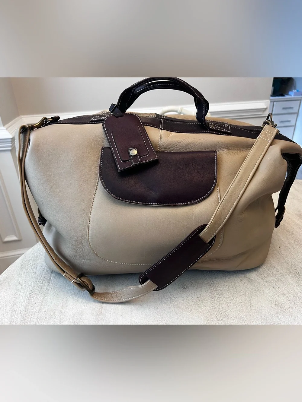 Latico Two-Tone Leather Large Weekender Duffle Carryon Bag - Beige and Brown